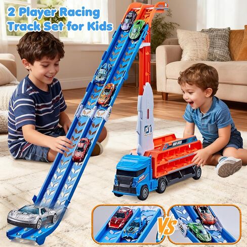 ألعاب شاحنة مضمار السباق للأطفال بعمر 3 4 5 6 سنوات - سيارة نقل شاحنة الناقل مع 6 ألعاب سيارات مصبوبة، شاحنة 4 في 1 مع مسارين سباق قابلين للطي، لعبة هدايا عيد الميلاد للأولاد الصغار، أزرق in Kuwait