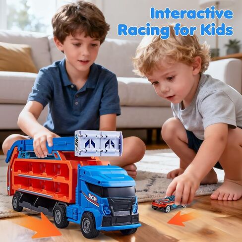 ألعاب شاحنة مضمار السباق للأطفال بعمر 3 4 5 6 سنوات - سيارة نقل شاحنة الناقل مع 6 ألعاب سيارات مصبوبة، شاحنة 4 في 1 مع مسارين سباق قابلين للطي، لعبة هدايا عيد الميلاد للأولاد الصغار، أزرق in Kuwait