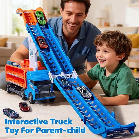 ألعاب شاحنة مضمار السباق للأطفال بعمر 3 4 5 6 سنوات - سيارة نقل شاحنة الناقل مع 6 ألعاب سيارات مصبوبة، شاحنة 4 في 1 مع مسارين سباق قابلين للطي، لعبة هدايا عيد الميلاد للأولاد الصغار، أزرق in Kuwait