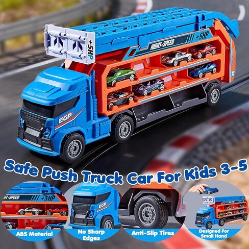 ألعاب شاحنة مضمار السباق للأطفال بعمر 3 4 5 6 سنوات - سيارة نقل شاحنة الناقل مع 6 ألعاب سيارات مصبوبة، شاحنة 4 في 1 مع مسارين سباق قابلين للطي، لعبة هدايا عيد الميلاد للأولاد الصغار، أزرق in Kuwait