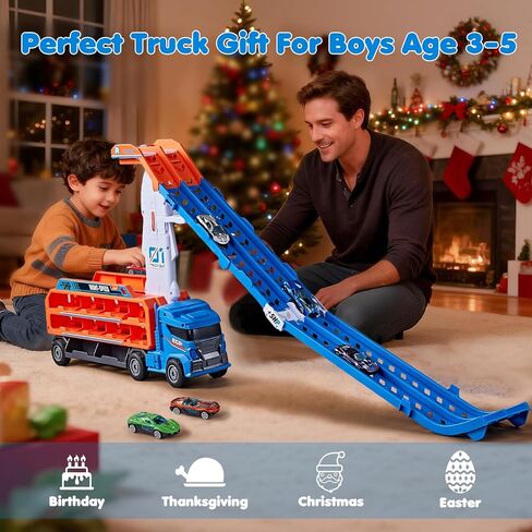 ألعاب شاحنة مضمار السباق للأطفال بعمر 3 4 5 6 سنوات - سيارة نقل شاحنة الناقل مع 6 ألعاب سيارات مصبوبة، شاحنة 4 في 1 مع مسارين سباق قابلين للطي، لعبة هدايا عيد الميلاد للأولاد الصغار، أزرق in Kuwait