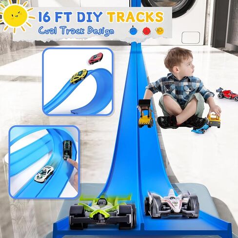 Flex Race Tracks for Kids, 16Ft Flexible Race Car Ramp Track Set for Hot Wheel Race Tracks Cars Portable DIY Race Track Toy for Boys Age 3 4 5 6 7 Years Old Boys Girls Kids - Blue in Saudi Arabia