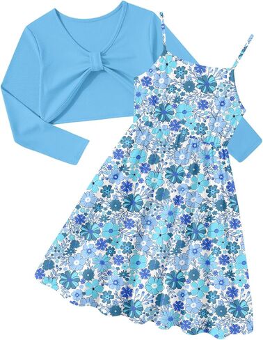 Girl's 2 Piece Outfit Printed Cami Dress with Long Sleeve Bow Crop Cardigan Set for 5-12 Years in Kuwait