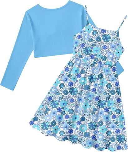 Girl's 2 Piece Outfit Printed Cami Dress with Long Sleeve Bow Crop Cardigan Set for 5-12 Years in Kuwait