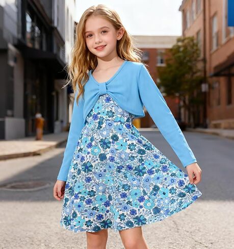 Girl's 2 Piece Outfit Printed Cami Dress with Long Sleeve Bow Crop Cardigan Set for 5-12 Years in Kuwait