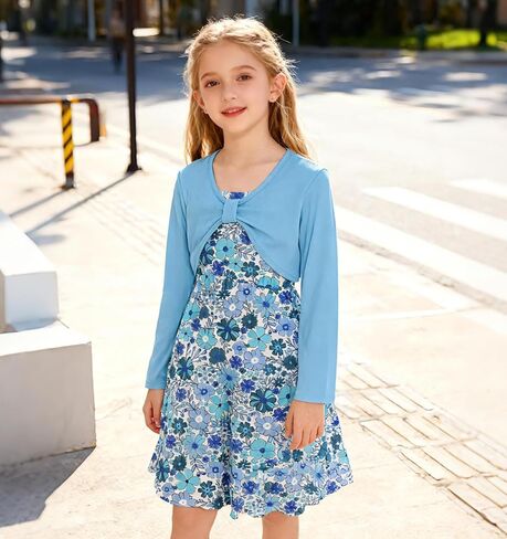 Girl's 2 Piece Outfit Printed Cami Dress with Long Sleeve Bow Crop Cardigan Set for 5-12 Years in Kuwait