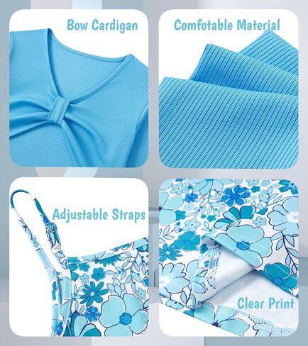 Girl's 2 Piece Outfit Printed Cami Dress with Long Sleeve Bow Crop Cardigan Set for 5-12 Years in Kuwait