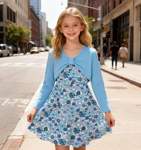 Girl's 2 Piece Outfit Printed Cami Dress with Long Sleeve Bow Crop Cardigan Set for 5-12 Years in Kuwait