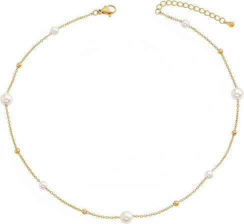 foyjoey Dainty Pearl Choker Necklace Adjustable Handmade Gold Pearl Beaded Chain Necklace for Women Bridesmaid Wedding Jewelry Gifts in Kuwait