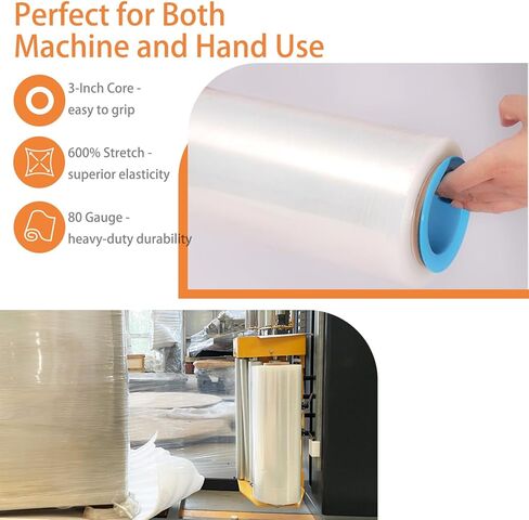 لفافة تغليف قابلة للانكماش مقاس 18 بوصة × 1500 بوصة - غلاف بلاستيكي صناعي للحركة، مقاس 80 للخدمة الشاقة، 600% امتداد للتعبئة والمنصات والشحن وحماية الأثاث - 4 لفات in Kuwait