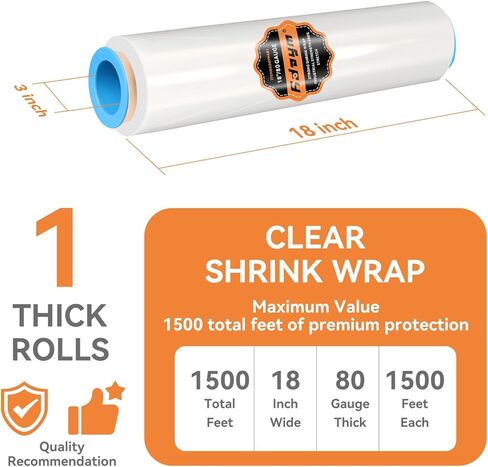 لفافة تغليف قابلة للانكماش مقاس 18 بوصة × 1500 بوصة - غلاف بلاستيكي صناعي للحركة، مقاس 80 للخدمة الشاقة، 600% امتداد للتعبئة والمنصات والشحن وحماية الأثاث - 4 لفات in Kuwait