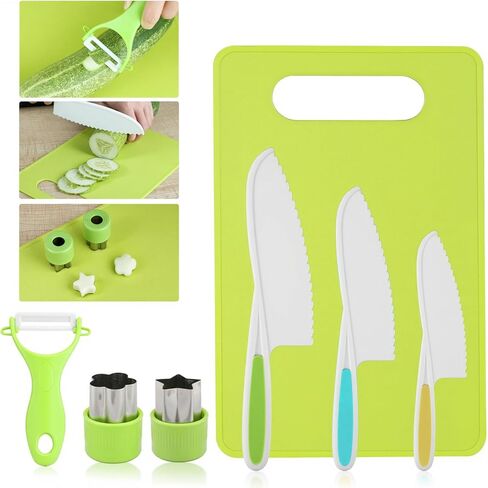 7 Pcs Montessori Kids Knife Set for Real Cooking, BPA Free Kitchen Cooking Tools Toys for 3-12 Year Old Boys Girls, Toddlers Knife Set with Peeler, Cutting Board and Cookie Cutter for Kids Gift in Kuwait