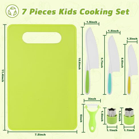 7 Pcs Montessori Kids Knife Set for Real Cooking, BPA Free Kitchen Cooking Tools Toys for 3-12 Year Old Boys Girls, Toddlers Knife Set with Peeler, Cutting Board and Cookie Cutter for Kids Gift in Kuwait