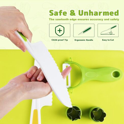 7 Pcs Montessori Kids Knife Set for Real Cooking, BPA Free Kitchen Cooking Tools Toys for 3-12 Year Old Boys Girls, Toddlers Knife Set with Peeler, Cutting Board and Cookie Cutter for Kids Gift in Kuwait