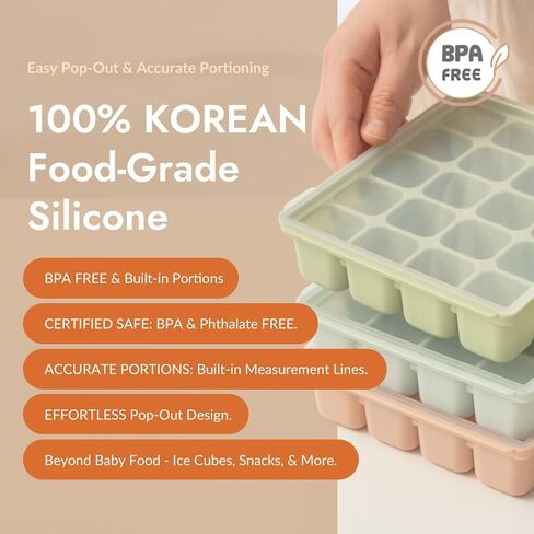 Silicone Freezer Tray, Baby Food Storage Cubes with Clip-On Lid, Freeze Baby Food, Soups, Purees, Ice, Easy and Safe Design, Made in Korea (12, Celadon Green) in Saudi Arabia