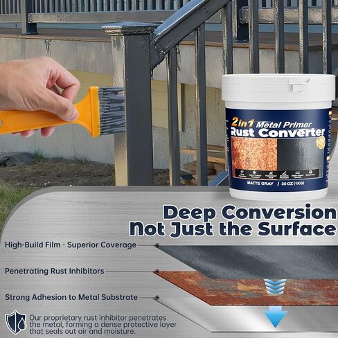 محول الصدأ 2 في 1 وبطانة معدنية - طلاء أسود مانع للصدأ بوزن 35 أونصة لحماية المعادن، طلاء مضاد للصدأ طويل الأمد للسيارات، السياج الحديدي، باب المرآب، الأثاث الخارجي in Kuwait