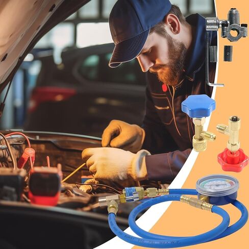 طقم إعادة شحن مكيف السيارة | مجموعة إعادة شحن غاز التبريد R-134a | أدوات دقيقة للكشف عن تسرب السيارات لاستعادة الشحن واختبار التشخيص والسيارات والشاحنات والمركبات المنزلية in Kuwait