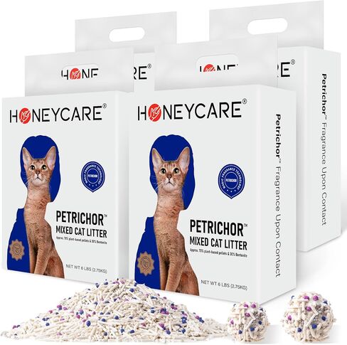 HONEY CARE Petrichor Mix Cat Litter I Tofu Cat Litter I Nature Plant-Based Pellets and Bentonite Sustainable Cat Litter I Low-Dust Qucik Clumping Superior Odor Control, 24-lbs Value Pack (6 lbs x 4) in Saudi Arabia
