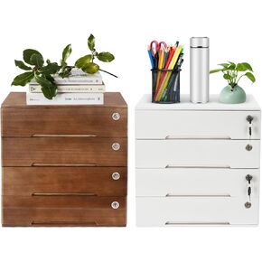 صندوق تخزين خشبي مكون من 4 أدراج ومنظم مكتب من 4 طبقات مع أدراج قابلة للقفل وخزانة ملفات مسطحة ومستلزمات مكتبية ومنظم ملفات وخزانة ملفات مكتبية مصنفة مقاس 15.75 × 11 × 15.94 بوصة (أبيض) in Kuwait