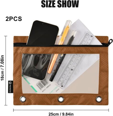 Binder Pouches,Saddle Brown Pencil Pouch for 3 Ring Binder 2 Pack Clear Pencil Bag with Zipper for Office School Supplies in Saudi Arabia