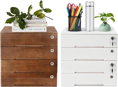 صندوق تخزين خشبي مكون من 4 أدراج ومنظم مكتب من 4 طبقات مع أدراج قابلة للقفل وخزانة ملفات مسطحة ومستلزمات مكتبية ومنظم ملفات وخزانة ملفات مكتبية مصنفة مقاس 15.75 × 11 × 15.94 بوصة (أبيض) in Kuwait