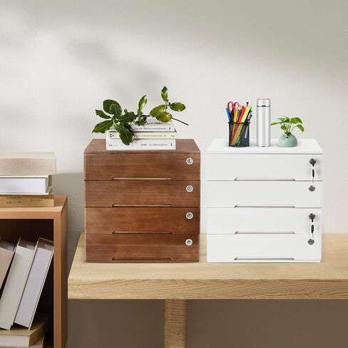 صندوق تخزين خشبي مكون من 4 أدراج ومنظم مكتب من 4 طبقات مع أدراج قابلة للقفل وخزانة ملفات مسطحة ومستلزمات مكتبية ومنظم ملفات وخزانة ملفات مكتبية مصنفة مقاس 15.75 × 11 × 15.94 بوصة (أبيض) in Kuwait