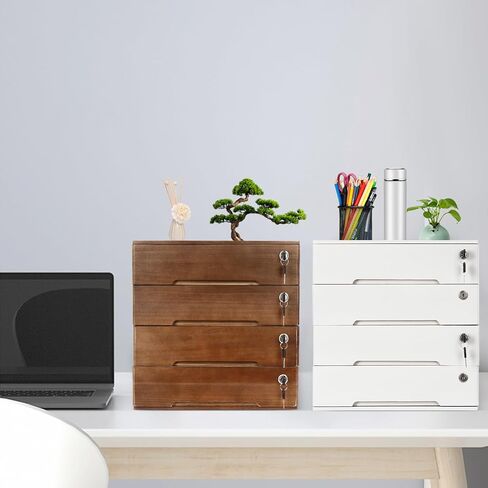 صندوق تخزين خشبي مكون من 4 أدراج ومنظم مكتب من 4 طبقات مع أدراج قابلة للقفل وخزانة ملفات مسطحة ومستلزمات مكتبية ومنظم ملفات وخزانة ملفات مكتبية مصنفة مقاس 15.75 × 11 × 15.94 بوصة (أبيض) in Kuwait