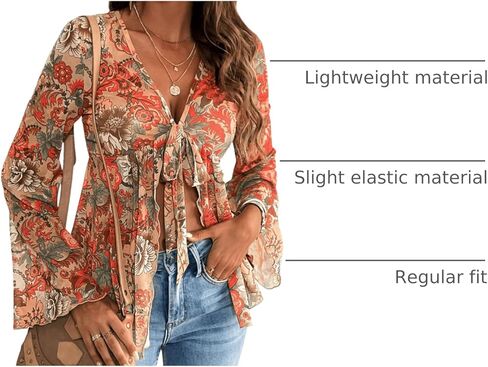 GORGLITTER Women's Bell Sleeve Tops Tie Front Sheer Mesh V Neck Ruffle Peplum Blouse Top in Kuwait