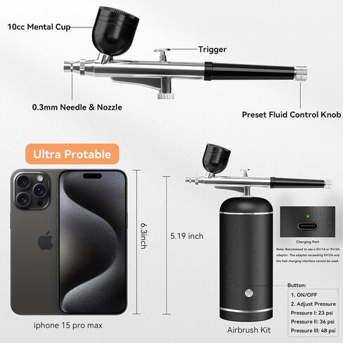 Airbrush Kit with Compressor - 48PSI High-Pressure, Non-Clogging Air Brush Set Cordless Rechargeable with 0.3mm Nozzle and Cleaning Brush for Nail Art, Makeup, Painting, and Cake Decorating in Saudi Arabia