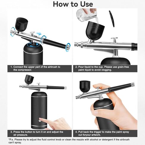 Airbrush Kit with Compressor - 48PSI High-Pressure, Non-Clogging Air Brush Set Cordless Rechargeable with 0.3mm Nozzle and Cleaning Brush for Nail Art, Makeup, Painting, and Cake Decorating in Saudi Arabia