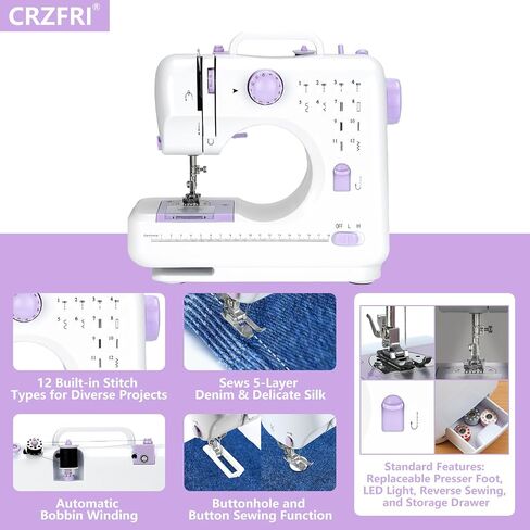 All-in-One Mini Sewing Machine for Beginners with Sewing Kit & 28-Piece Fabric Set(Pink/Green), Extension Table, 12 Built-in Stitches, 2-Speed with Foot Pedal, CRZFRI Portable for Home DIY in Saudi Arabia