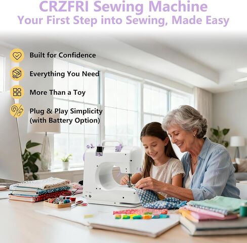 All-in-One Mini Sewing Machine for Beginners with Sewing Kit & 28-Piece Fabric Set(Pink/Green), Extension Table, 12 Built-in Stitches, 2-Speed with Foot Pedal, CRZFRI Portable for Home DIY in Saudi Arabia