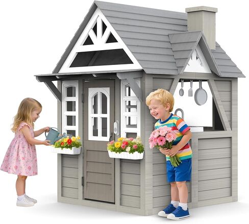 Kids Playhouse Outdoor,Wooden Play House Playset for Kids, Large, Sturdy, Realistic Design with Kitchen, Doorbell, Flower Pot, Stove, Sink & Clock, Perfect for Kid Ages 3-8 (Gray) in Saudi Arabia