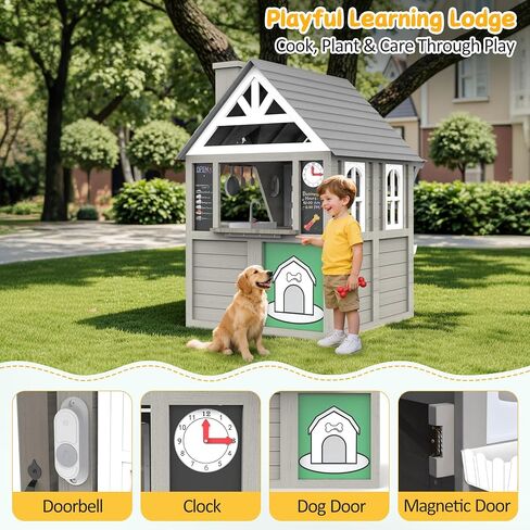 Kids Playhouse Outdoor,Wooden Play House Playset for Kids, Large, Sturdy, Realistic Design with Kitchen, Doorbell, Flower Pot, Stove, Sink & Clock, Perfect for Kid Ages 3-8 (Gray) in Saudi Arabia