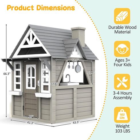Kids Playhouse Outdoor,Wooden Play House Playset for Kids, Large, Sturdy, Realistic Design with Kitchen, Doorbell, Flower Pot, Stove, Sink & Clock, Perfect for Kid Ages 3-8 (Gray) in Saudi Arabia