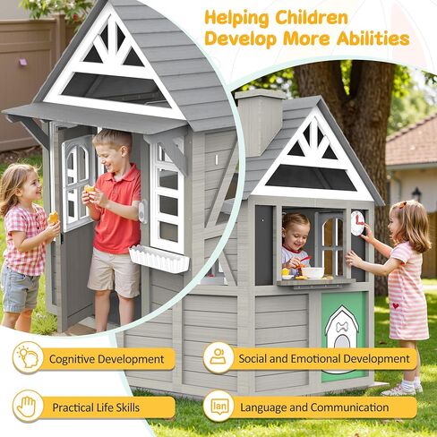 Kids Playhouse Outdoor,Wooden Play House Playset for Kids, Large, Sturdy, Realistic Design with Kitchen, Doorbell, Flower Pot, Stove, Sink & Clock, Perfect for Kid Ages 3-8 (Gray) in Saudi Arabia