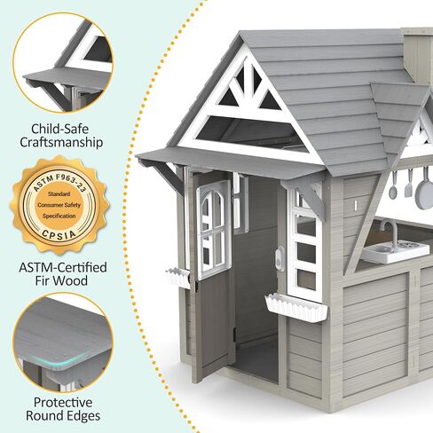 Kids Playhouse Outdoor,Wooden Play House Playset for Kids, Large, Sturdy, Realistic Design with Kitchen, Doorbell, Flower Pot, Stove, Sink & Clock, Perfect for Kid Ages 3-8 (Gray) in Saudi Arabia