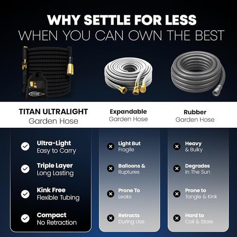 خرطوم حديقة مرن من TITAN بطول 50 قدمًا - خرطوم مياه خفيف الوزن للغاية وشديد التحمل مع تركيبات نحاسية وفوهة نفاثة - خرطوم قماشي متين وخالي من التشابك وغير قابل للتوسيع للفناء والحديقة وغسيل السيارات والاستخدام الخارجي in Kuwait