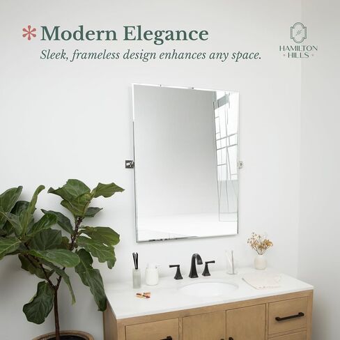Hamilton Hills 24x36 inch Pivot Wall Mirror Including Matte Black Squared Wall Brackets | Frameless Bathroom Mirror | Rectangular Adjustable & Tilting Vanity | Modern Farmhouse Wall-Mounted Mirrors in Kuwait