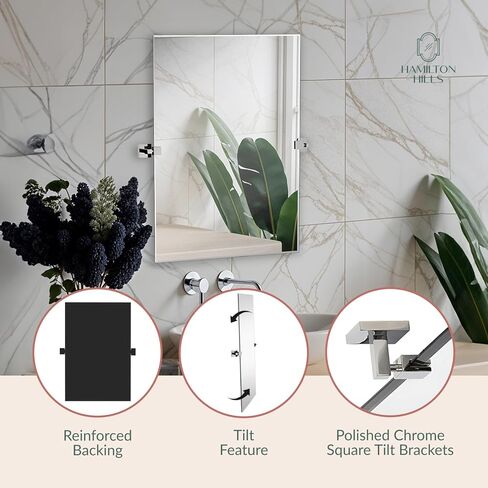 Hamilton Hills 24x36 inch Pivot Wall Mirror Including Matte Black Squared Wall Brackets | Frameless Bathroom Mirror | Rectangular Adjustable & Tilting Vanity | Modern Farmhouse Wall-Mounted Mirrors in Kuwait