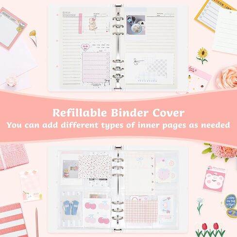 غطاء حلقة A5 قابل لإعادة الملء مكون من 6 حلقات لصنع دفاتر الملاحظات الخاصة بمجلة الميزانية مع 300 قطعة من ملصق محول ورقة المجلد، غطاء أوراق فضفاض مع حلقة قطرها الداخلي 25 مم (بيج أملس) in Kuwait