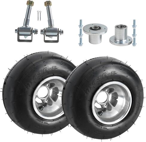 مجموعة العجلات الأمامية Go Kart مقاس 10x4.50-5 - إطار أملس بدون أنابيب مع حافة 5 بوصات، و3 محاور - تناسب Go Kart ATV UTV Drift Trike Buggy Quad - تتضمن محاور العجلات والمفاصل (مفاصل التوجيه الفضية) in Saudi Arabia
