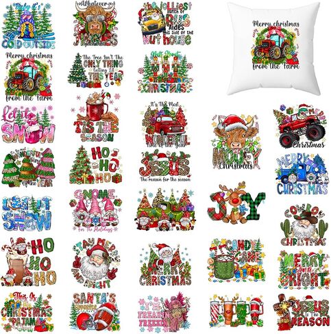 Tintnut 30pcs عيد الميلاد DTF نقل جاهزة للضغط على الحديد على النقل سانتا كلوز الحديد على الشارات للقمصان الملابس نقل الحرارة الحديد على ملصقات لتصميم حقيبة قماش in Saudi Arabia