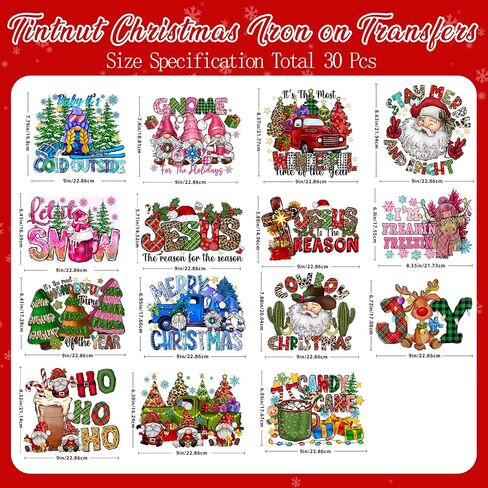 Tintnut 30pcs عيد الميلاد DTF نقل جاهزة للضغط على الحديد على النقل سانتا كلوز الحديد على الشارات للقمصان الملابس نقل الحرارة الحديد على ملصقات لتصميم حقيبة قماش in Saudi Arabia