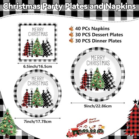100 قطعة من أطباق ورق شجرة الجاموس المنقوشة لعيد الميلاد والمناديل باللون الأسود والأبيض لتزيين طاولة عيد الميلاد المجيد وأدوات المائدة للاستعمال مرة واحدة وأشجار عيد الميلاد لمستلزمات حفلات عيد الميلاد وعيد الميلاد in Kuwait