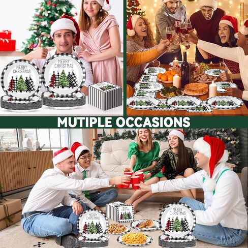 100 قطعة من أطباق ورق شجرة الجاموس المنقوشة لعيد الميلاد والمناديل باللون الأسود والأبيض لتزيين طاولة عيد الميلاد المجيد وأدوات المائدة للاستعمال مرة واحدة وأشجار عيد الميلاد لمستلزمات حفلات عيد الميلاد وعيد الميلاد in Kuwait