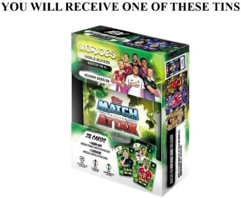 2025/26 Topps Match Attax UEFA Champions League Soccer EXCLUSIVE Collectors Booster TIN مع 28 بطاقة بما في ذلك بطاقة STARBOY العشوائية الجديدة تمامًا و(3) بطاقات إصدار محدود حصرية للعالم! in Kuwait