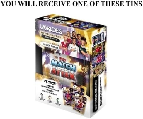 2025/26 Topps Match Attax UEFA Champions League Soccer EXCLUSIVE Collectors Booster TIN مع 28 بطاقة بما في ذلك بطاقة STARBOY العشوائية الجديدة تمامًا و(3) بطاقات إصدار محدود حصرية للعالم! in Kuwait