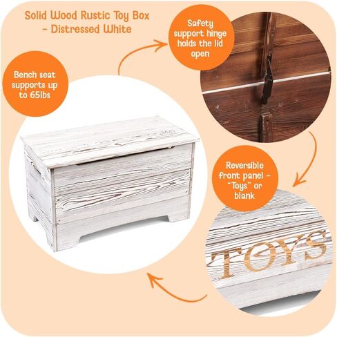 Badger Basket Farmhouse Solid Wood Rustic Toy Box with Reversible Toys Panel - Distressed White in Kuwait