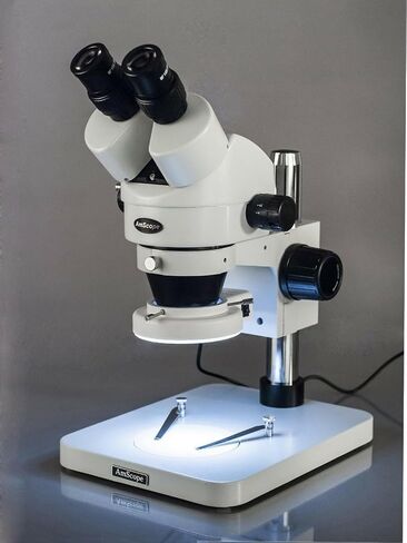 AmScope SM-1BSZ-144S مجهر تكبير ستيريو ثنائي العينين احترافي، عدسات WH10x، تكبير 3.5x-90x، هدف تكبير 0.7X-4.5X، ضوء حلقة LED 144 لمبة، حامل عمود، 110 فولت - 240 فولت، يتضمن 0.5x و2.0x بارلو العدسات in Saudi Arabia